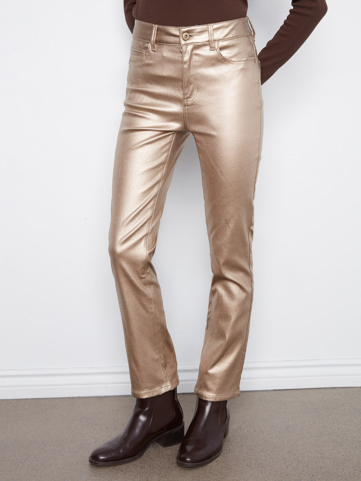 Slim Leg Metallic Wax Twill Pants - Brass