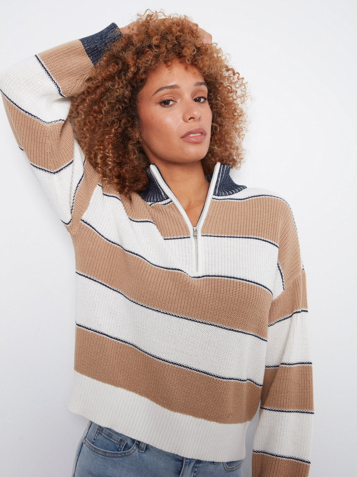 Striped Half-Zip Sweater - Camel