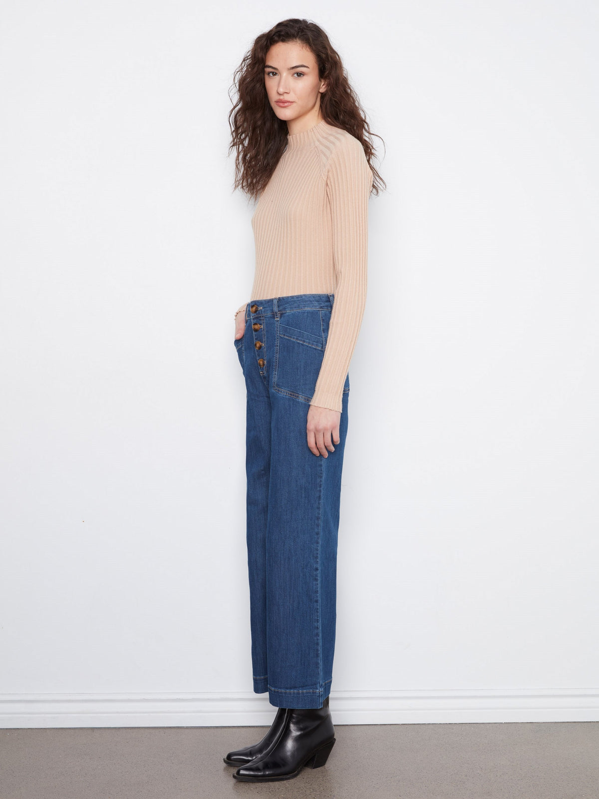 Wide Leg Button Front Jeans With Patch Pockets - Indigo