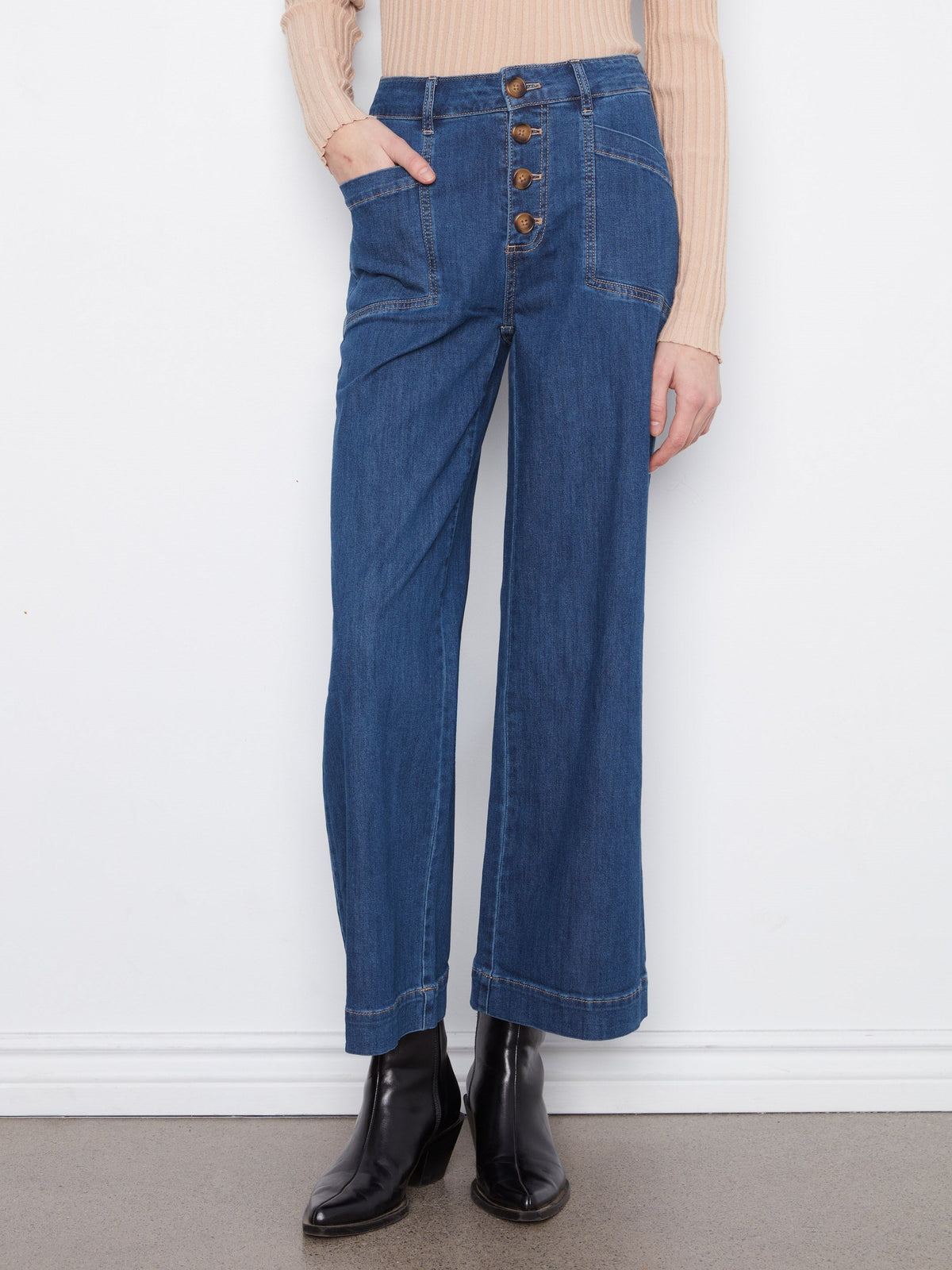 Wide Leg Button Front Jeans With Patch Pockets - Indigo