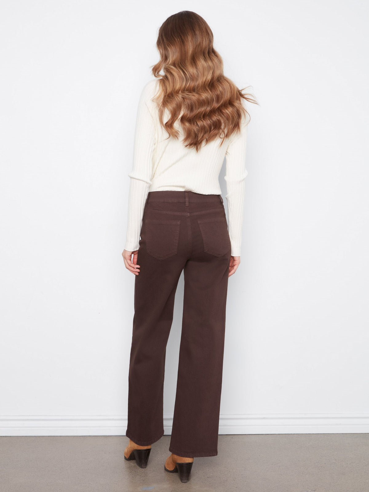 Wide Leg Twill Pants With Floral Embroidery - Coffee