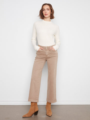Wide Leg Twill Pants With Side Panel - Latte