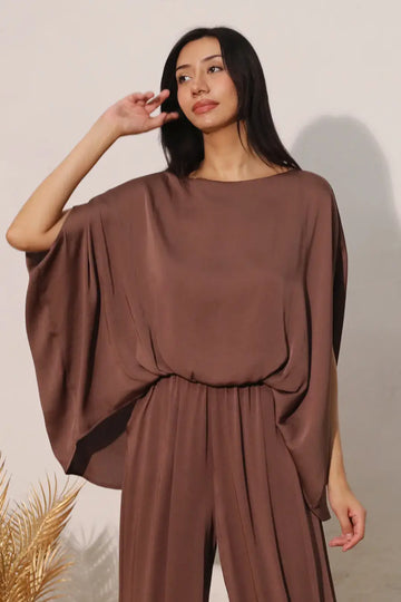 WASHED POLY SILK BOAT NECK CAFTAN TOP
