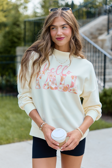 Hello Fall Pale Yellow Graphic Mock Neck Sweatshirt