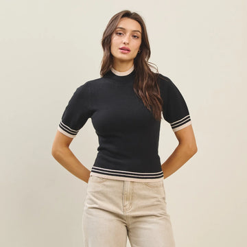 COLOR CONTRAST DETAILED MOCK NECK SWEATER TOP