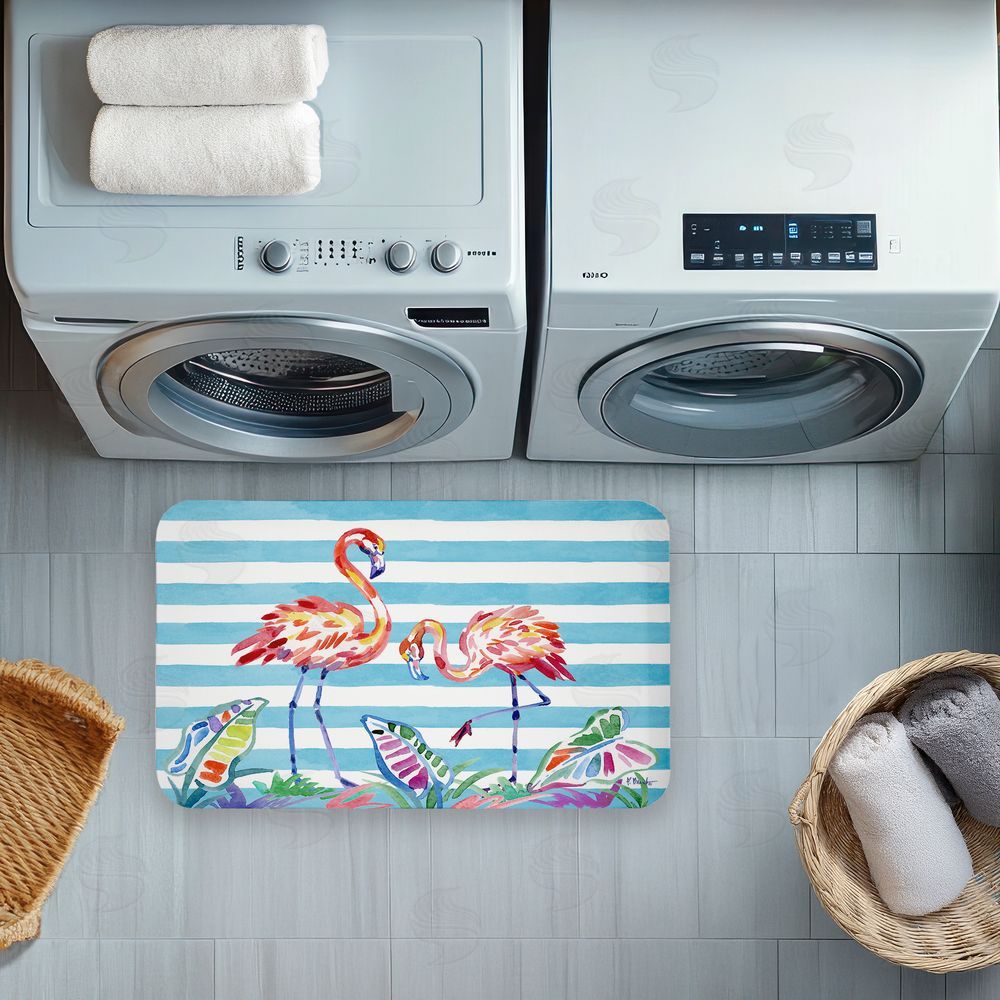 Paul Brent | Brushstroke Flamingos on Stripes Anti-Fatigue Mat