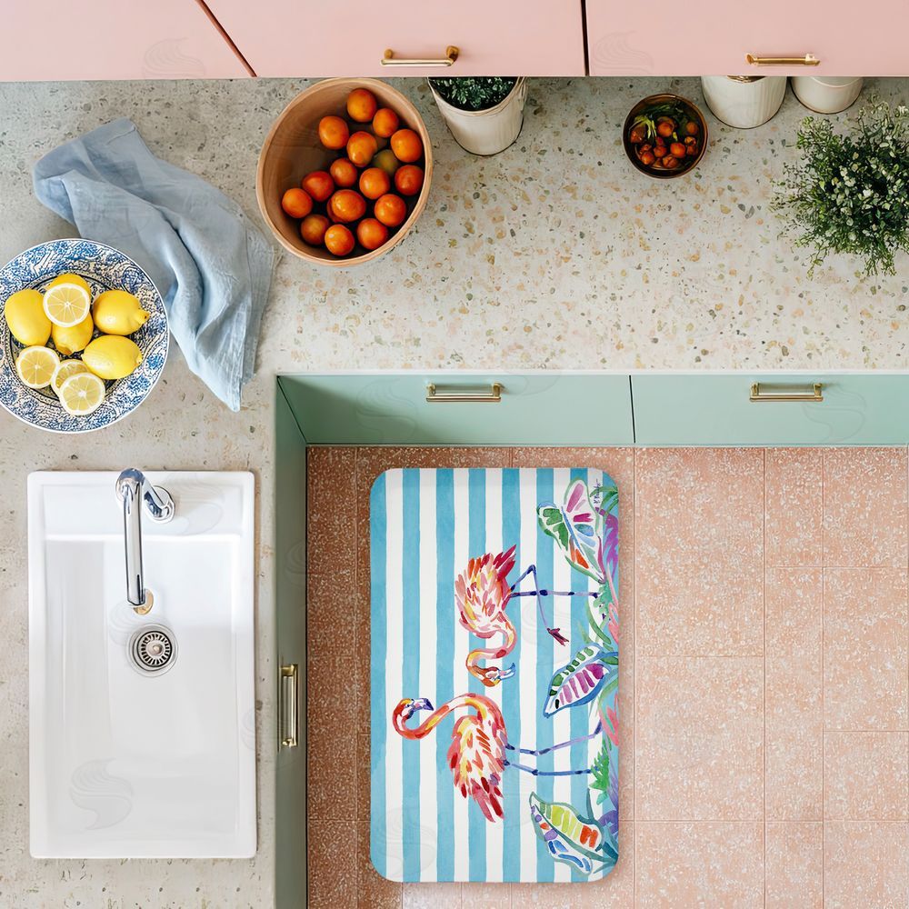 Paul Brent | Brushstroke Flamingos on Stripes Anti-Fatigue Mat