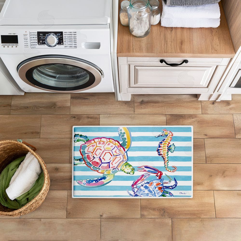 Paul Brent | Brushstroke Sea Life on Stripes Plush Bath Mat