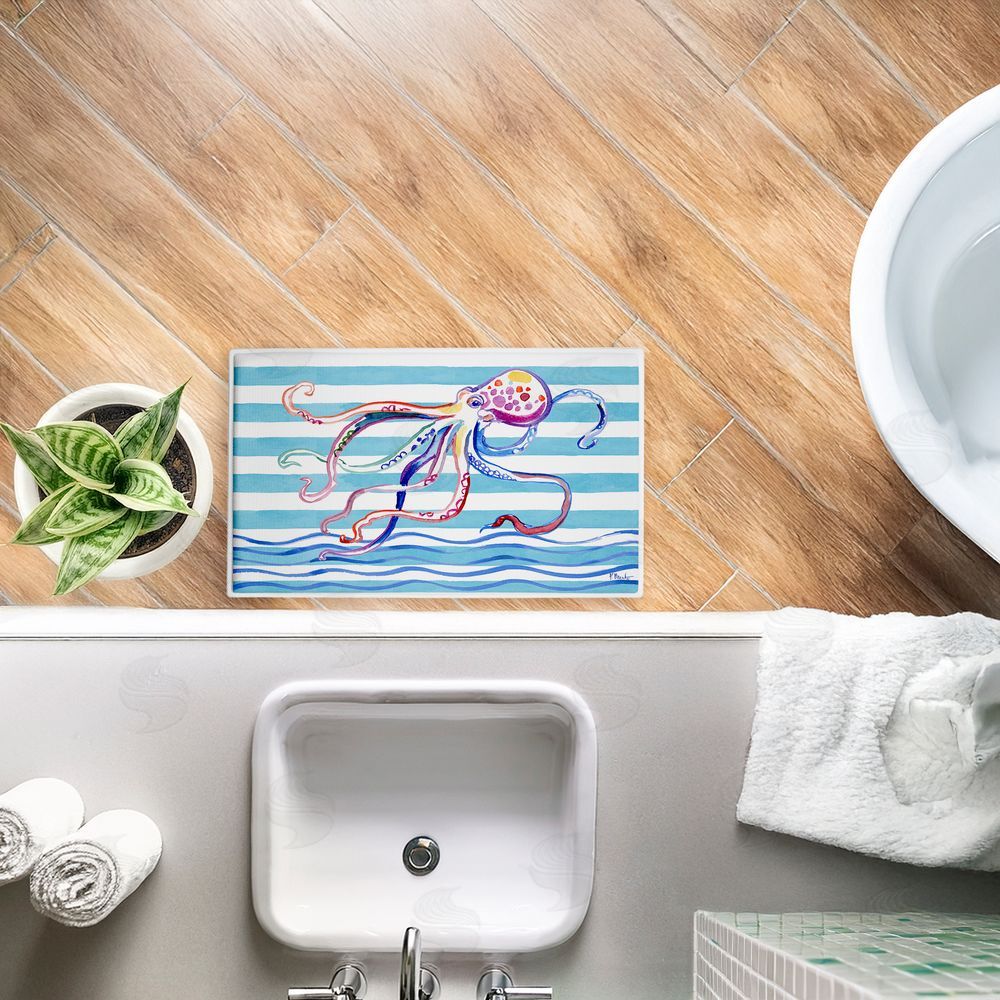 Paul Brent | Brushstroke Octopus on Stripes Plush Bath Mat