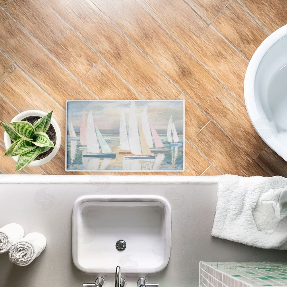 Amber Sterling | Pastel Calm Sailboats Plush Bath Mat