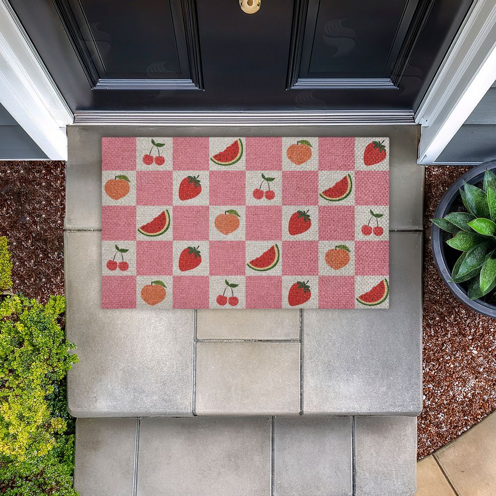 Stupell Studio | Pink Kitchen Fruits Checkered Faux Sisal Door Mat