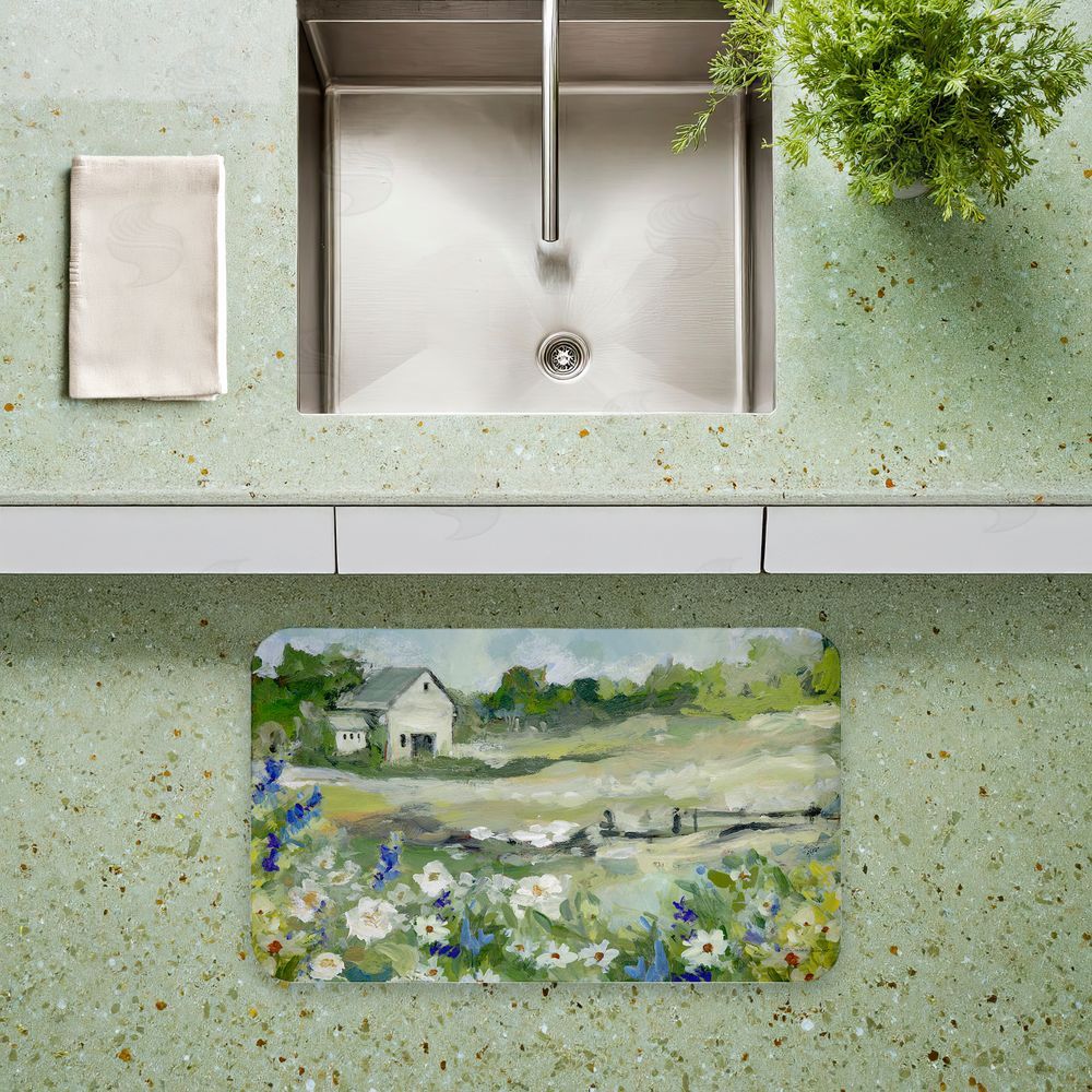 Susan Winget | Barn With White Flowers Anti-Fatigue Mat