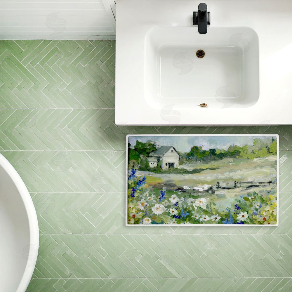 Susan Winget | Barn With White Flowers Plush Bath Mat