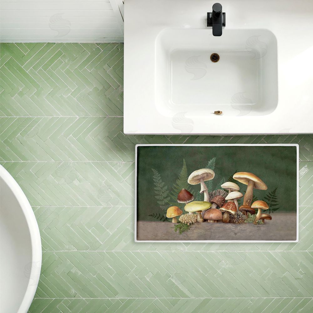 Tim Coffey | Mushrooms & Ferns on Green Plush Bath Mat