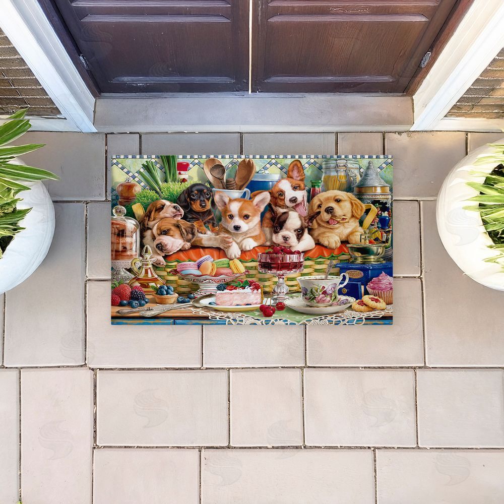 Image World | Puppies In Basket Tea Party Non-Woven Door Mat
