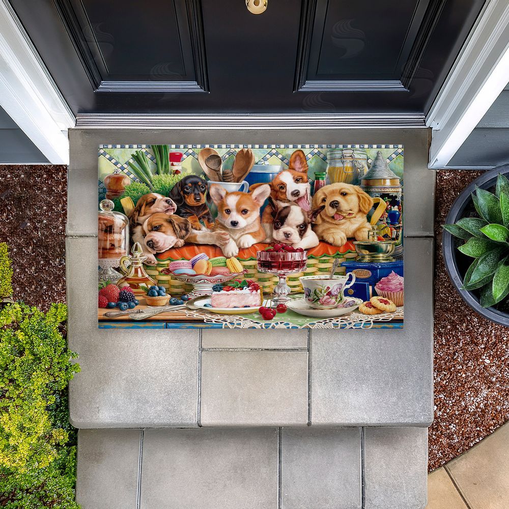Image World | Puppies In Basket Tea Party Non-Woven Door Mat