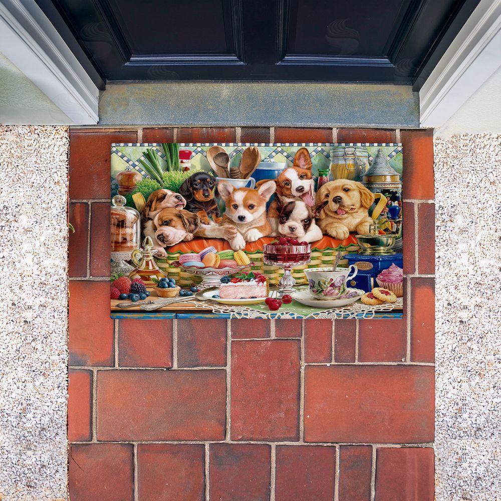 Image World | Puppies In Basket Tea Party Non-Woven Door Mat