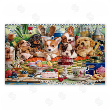 Image World | Puppies In Basket Tea Party Non-Woven Door Mat