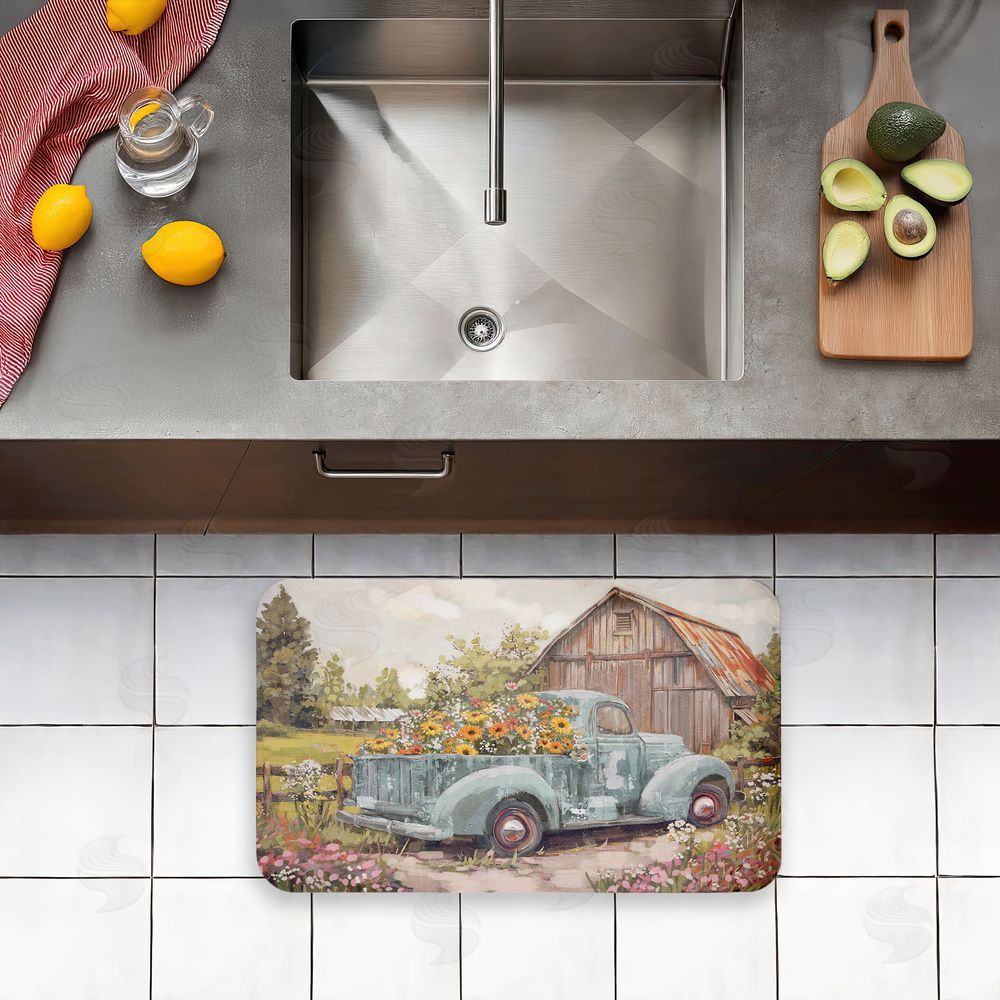 Nina Blue | Vintage Truck With Flowers Anti-Fatigue Mat