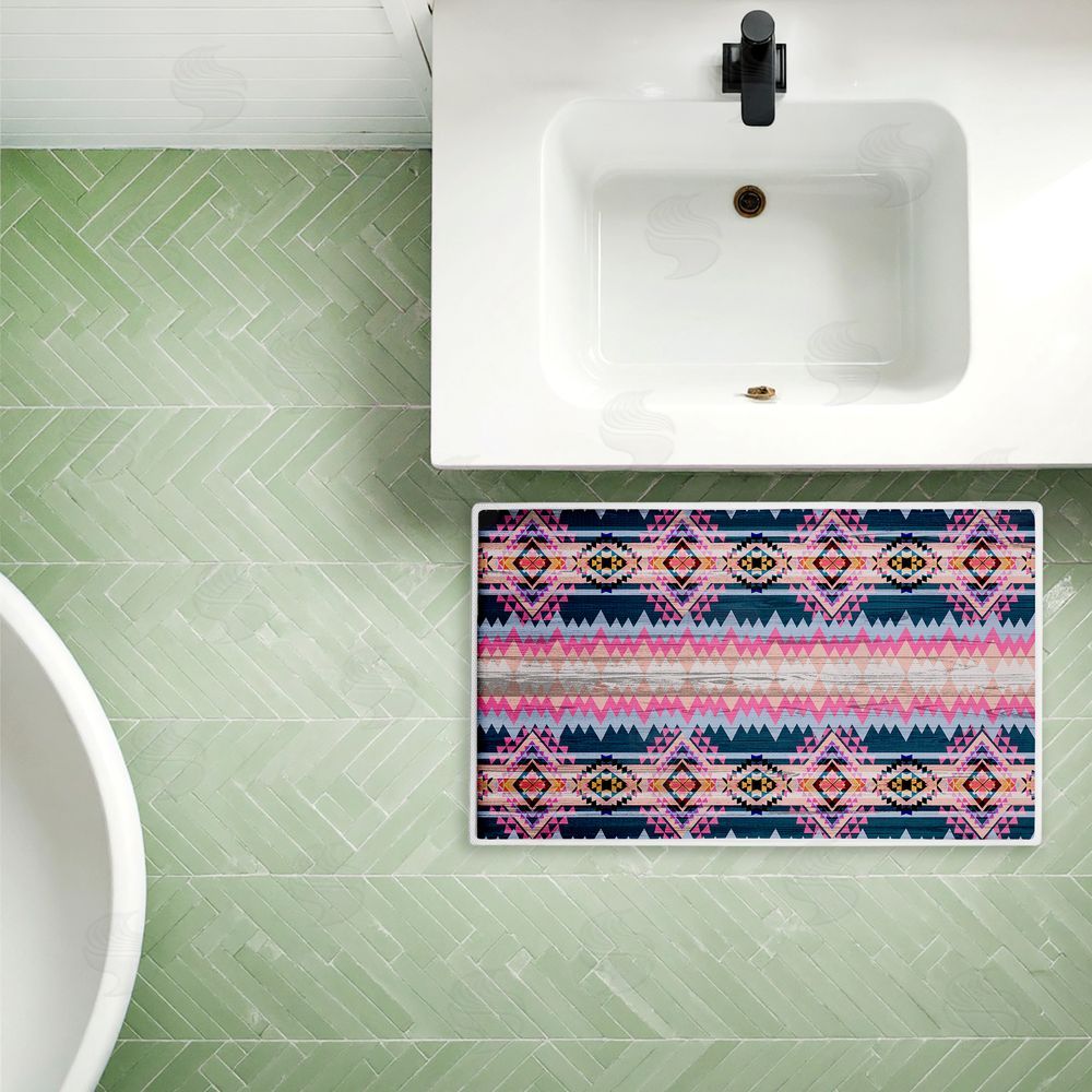 Jennifer Ellory | Boho Geometric Pink & Blue Plush Bath Mat