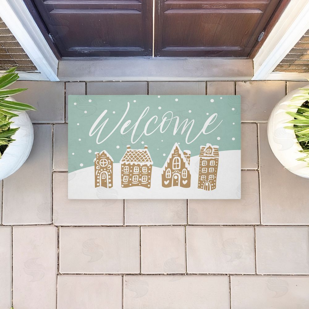 Caverly Smith | Welcome Snowy Gingerbread Houses Non-Woven Door Mat