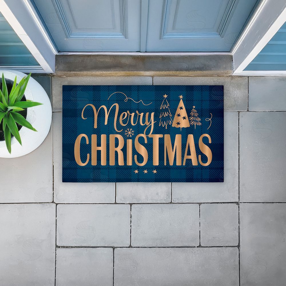 Andrea Jasid Grassi | Blue Plaid Merry Christmas Non-Woven Door Mat