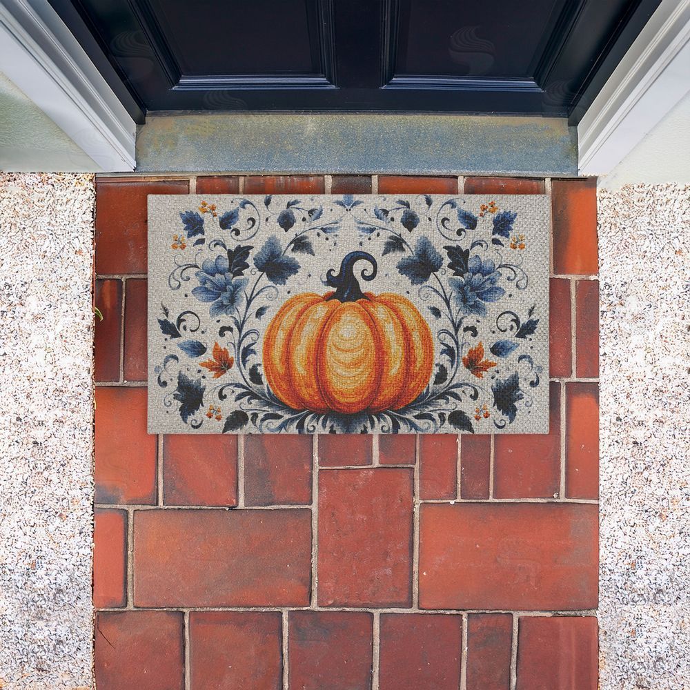 Creative Studio | Pumpkin With Blue Floral Background Faux Sisal Door Mat