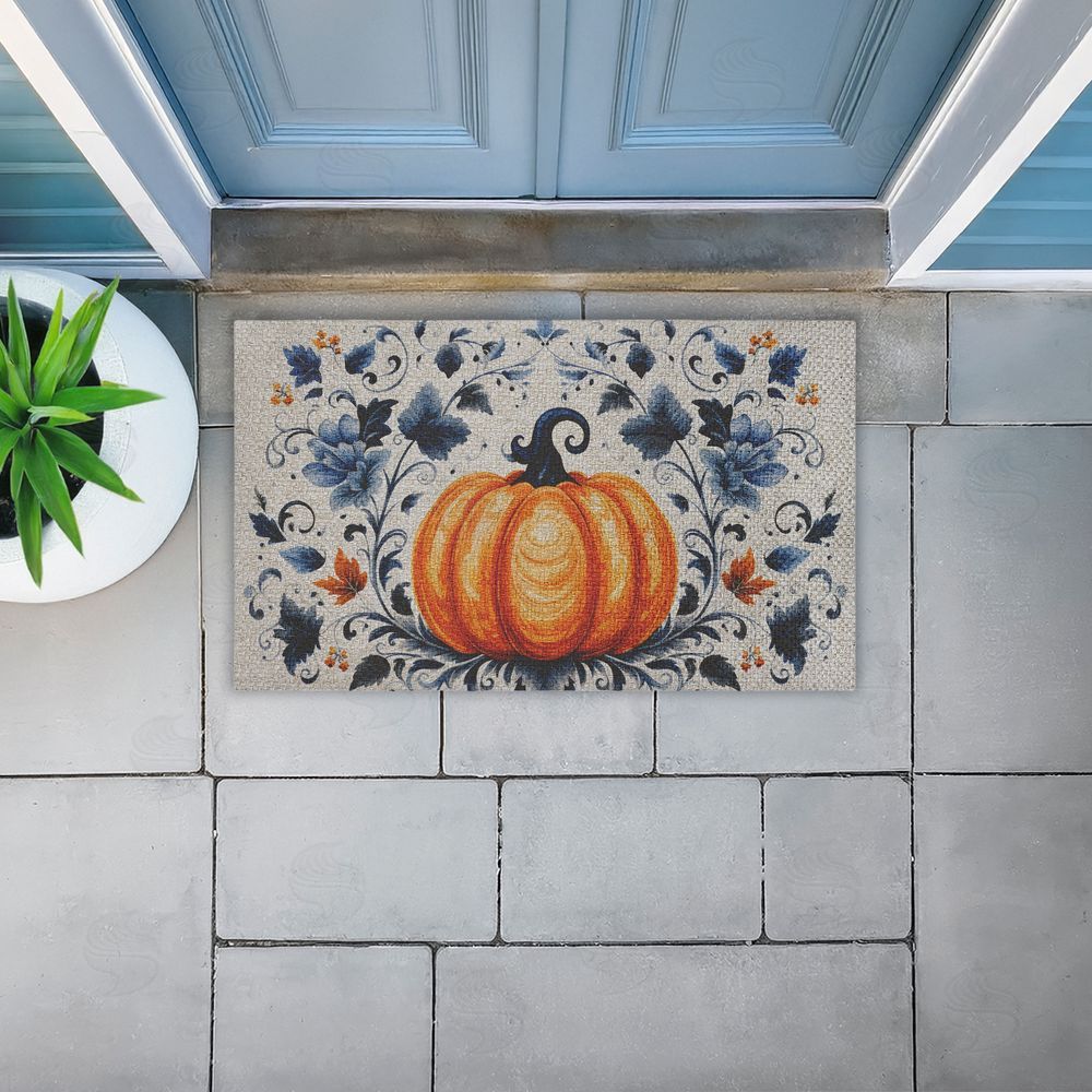 Creative Studio | Pumpkin With Blue Floral Background Faux Sisal Door Mat