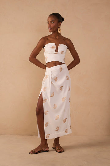OFF-WHITE SHELL EMBROIDERED DRAPED LINEN MAXI SKIRT