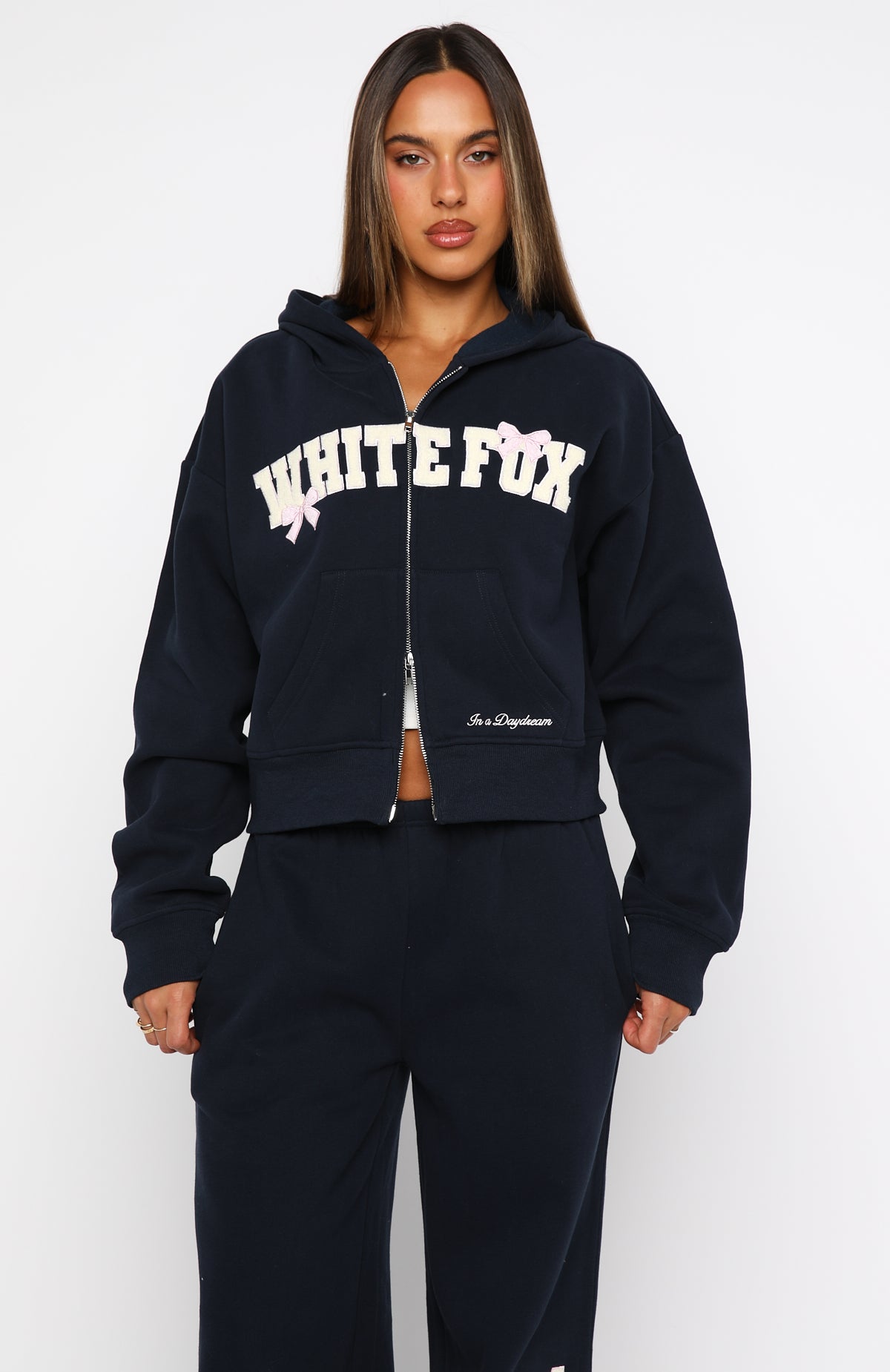 Daydreamers Madeline Boxy Zip Front Hoodie Navy